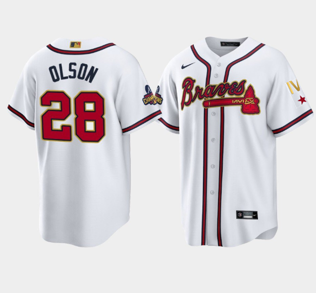 Men's Atlanta Braves #28 Matt Olson 2022 White/Gold World Series Champions Program Cool Base Stitched Baseball Jersey Men's Atlanta Braves #28 Matt Olson 2022 White/Gold World Series Champions Program Cool Base Stitched Baseball Jersey